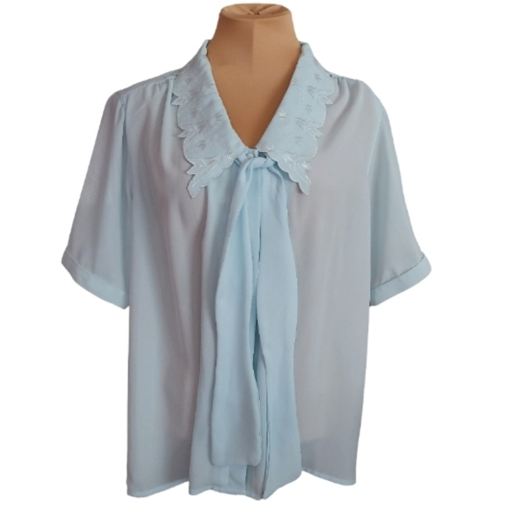 Vintage La Blouse Aqua Blue Chiffon Blouse Embroidered Scalloped Collar Size‎ 16